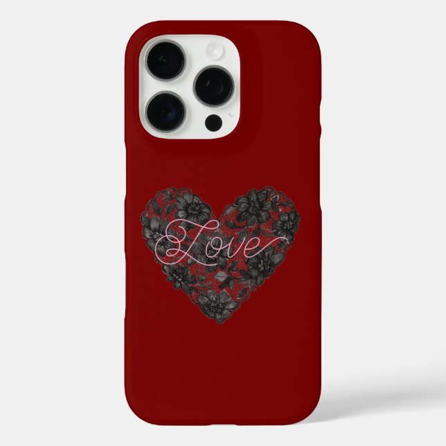 Funda iPhone 16 Pro Black Faux Lace Heart Floral (Reverso )