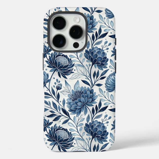 Funda iPhone 16 Pro Blue Peony Garden Watercolor (Reverso )