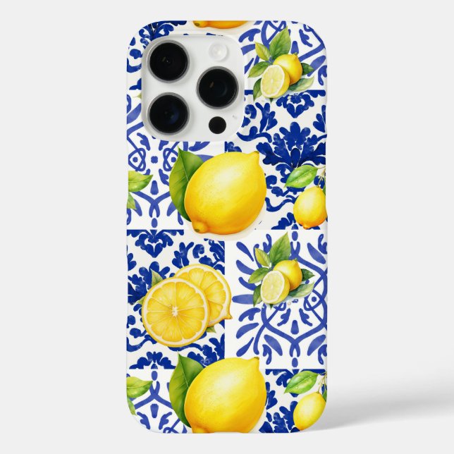 Funda iPhone 16 Pro Blue White Lemon Tile Pattern Mediterranean Citrus (Reverso )