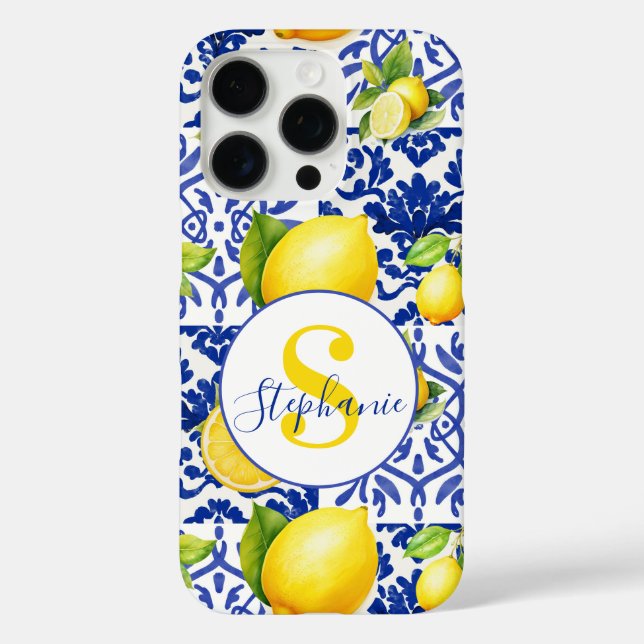 Funda iPhone 16 Pro Blue White Lemon Tile Pattern Monogram Name Citrus (Reverso )