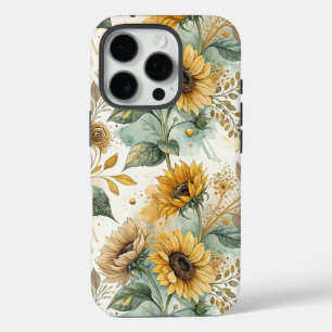 Funda iPhone 16 Pro Boho Sunflowers Watercolor Gold