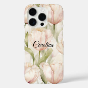Funda iPhone 16 Pro Bonito Rubor Crema rosa Tulipanes Floral