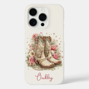 Funda iPhone 16 Pro Botas de vaquera elegantes con flores monogramadas