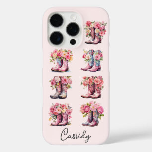 Funda iPhone 16 Pro Botas de vaquera rosas con flores monogramadas