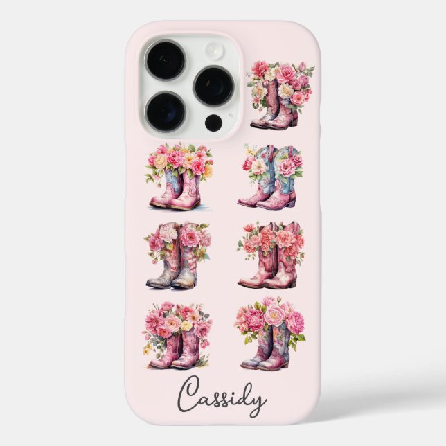 Funda iPhone 16 Pro Botas de vaquera rosas con flores monogramadas (Reverso )