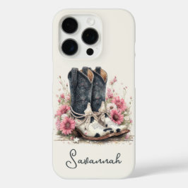 Funda iPhone 16 Pro Botas elegantes de cuero de vaca con flores monogr