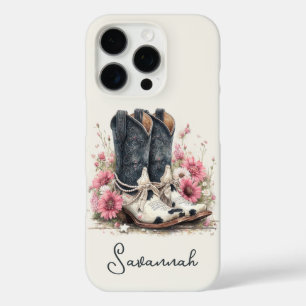 Funda iPhone 16 Pro Botas elegantes de cuero de vaca con flores monogr