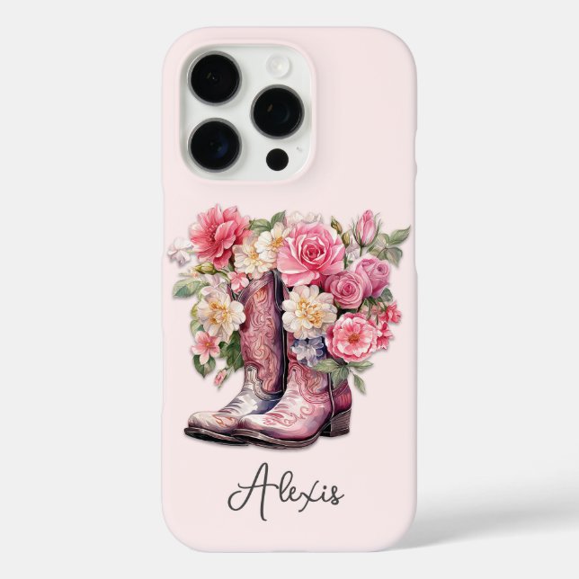 Funda iPhone 16 Pro Botas rosas con flores monogramadas (Reverso )