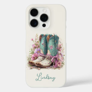 Funda iPhone 16 Pro Botas turquesa elegantes con flores monogramadas