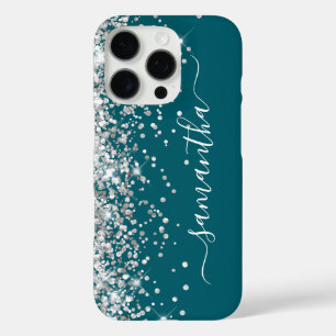 Funda iPhone 16 Pro Brillo Plateado Oscuro Turquesa Femenino Firma