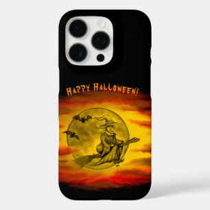 Funda iPhone 16 Pro Bruja voladora con gato negro, noche de halloween