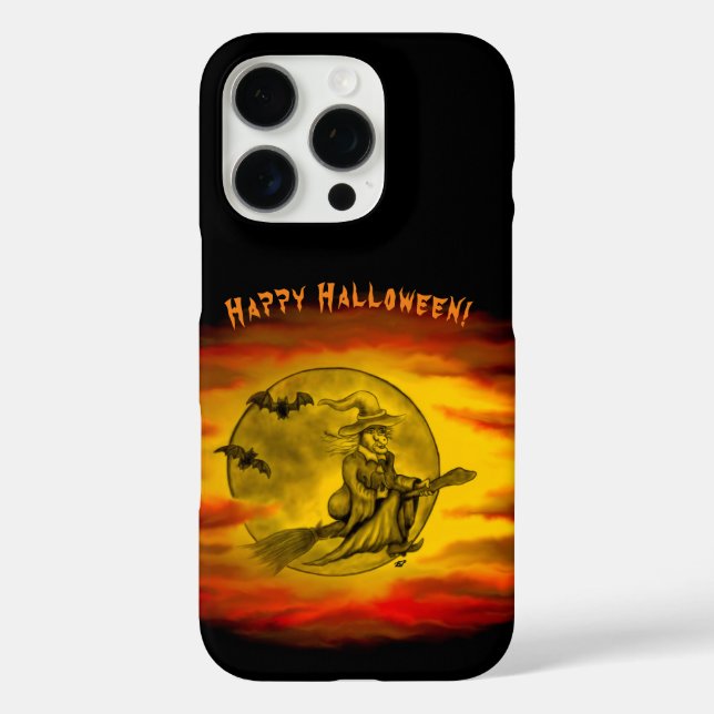 Funda iPhone 16 Pro Bruja voladora con gato negro, noche de halloween (Reverso )