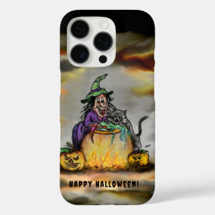 Funda iPhone 16 Pro Bruja y gato negro, ¡Feliz Halloween!