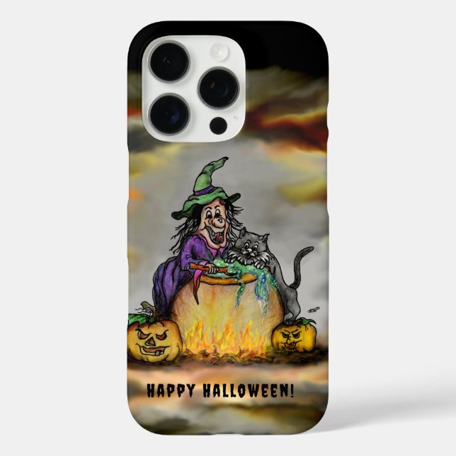 Funda iPhone 16 Pro Bruja y gato negro, ¡Feliz Halloween! (Reverso )