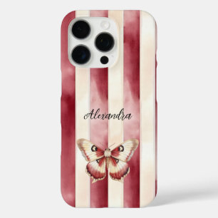 Funda iPhone 16 Pro Burgunam Cream Stripes Butterfly
