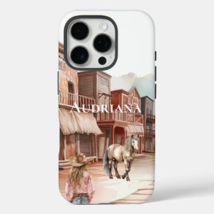 Funda iPhone 16 Pro Caballo chica de la ciudad occidental