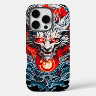 Funda iPhone 16 Pro Cabeza de dragón mítica de la llama roja de fuego