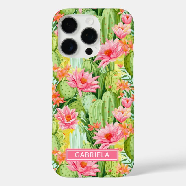 Funda iPhone 16 Pro Cactus Personalizados con Acuarela Florecida (Reverso )