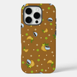 Funda iPhone 16 Pro Café Acogedor y Croissant Patrón Floral Marrón
