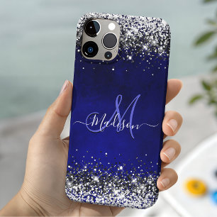 Funda iPhone 16 Pro Caja monograma de purpurina falsa azul real linda-