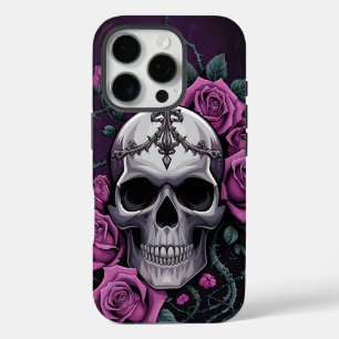 Funda iPhone 16 Pro Calavera gótica con Rosas morados