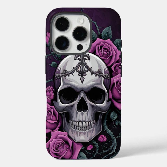 Funda iPhone 16 Pro Calavera gótica con Rosas morados (Reverso )