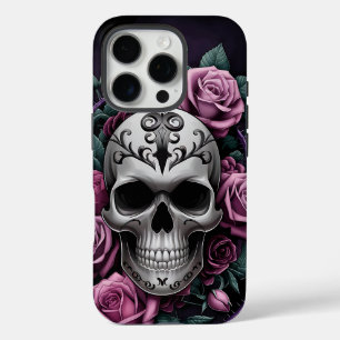 Funda iPhone 16 Pro Calavera gótica con Rosas morados