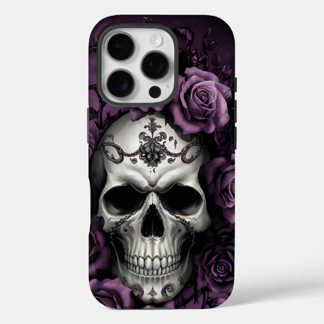 Funda iPhone 16 Pro Calavera gótica con Rosas morados (Reverso )