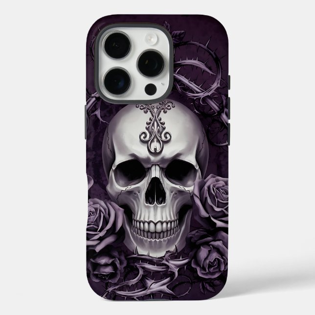 Funda iPhone 16 Pro Calavera gótica con Rosas morados (Reverso )