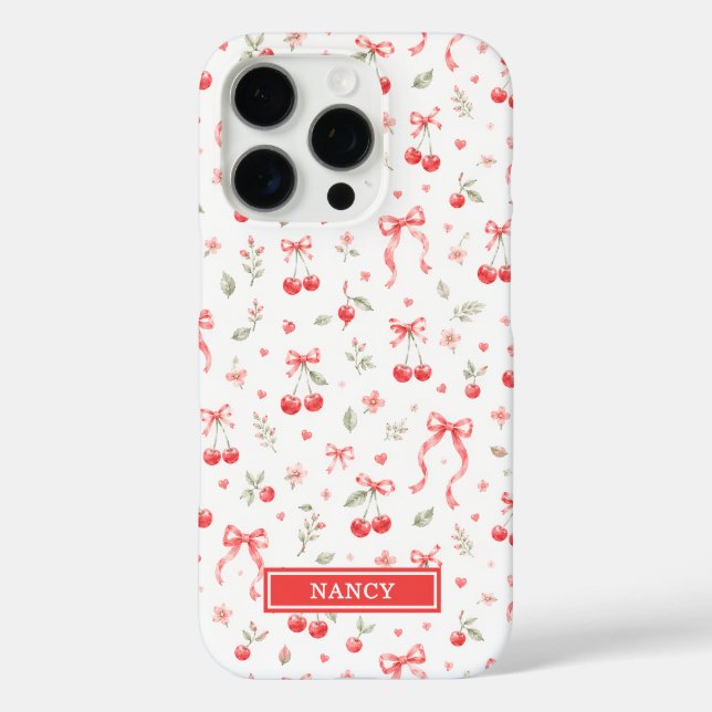 Funda iPhone 16 Pro Cerezas Con Lazos De Coqueta Rojos Monogramados (Reverso )