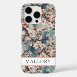 Funda iPhone 16 Pro Cherry Blossoms Teal Sakura Print Monogrammed