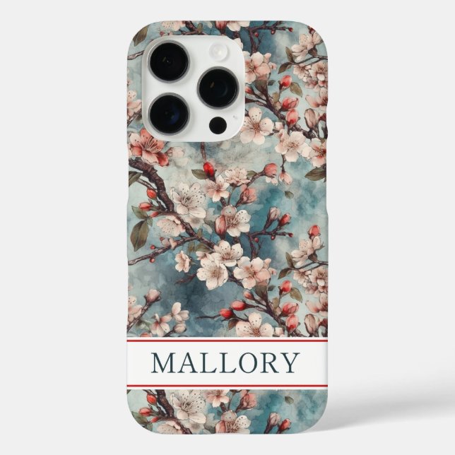 Funda iPhone 16 Pro Cherry Blossoms Teal Sakura Print Monogrammed (Reverso )