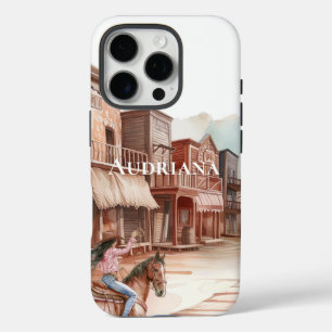 Funda iPhone 16 Pro Chica de la ciudad occidental a caballo