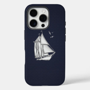 Funda iPhone 16 Pro Chrome Sailboat on Carbon Fiber Print