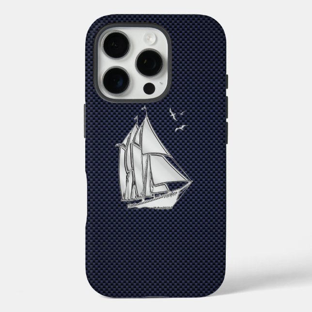 Funda iPhone 16 Pro Chrome Sailboat on Carbon Fiber Print (Reverso )