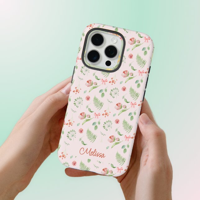Funda iPhone 16 Pro Cinta floral verde rosa con nombre y encanto moder (Subido por el creador)