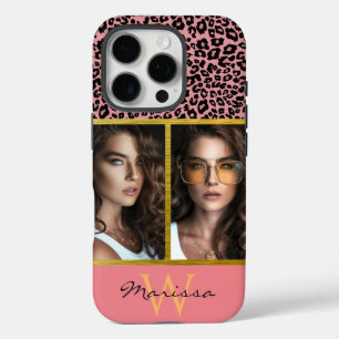 Funda iPhone 16 Pro Collage de fotos y monograma de impresión de leopa