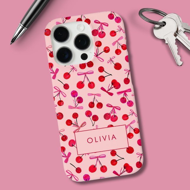 Funda iPhone 16 Pro Coqueta Cereza y Lazo (Coquette cherry and bow girly pattern iPhone Case. Personalize with your own name or initials.)