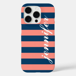 Funda iPhone 16 Pro Coral y franjas de la marina Personalizado Script