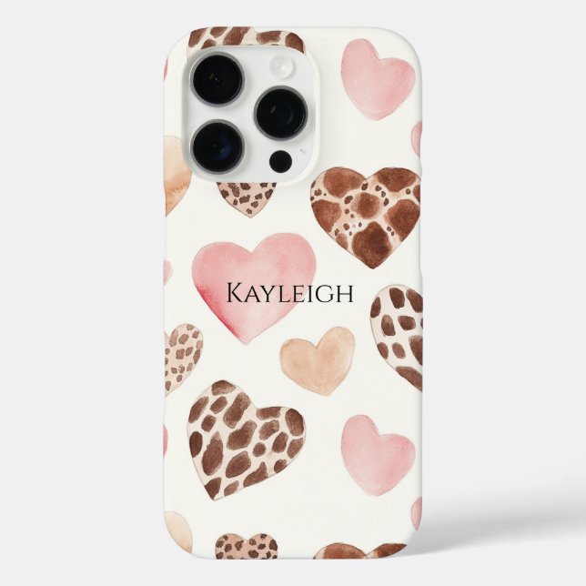 Funda iPhone 16 Pro Corazones de leopardo marrón crema rosa (Reverso )