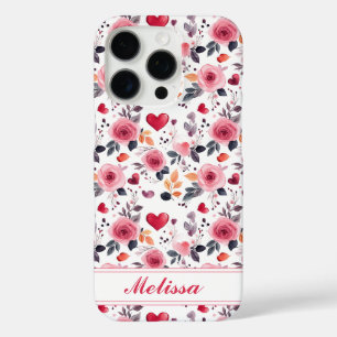Funda iPhone 16 Pro Corazones Y Rosas Rosados