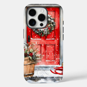Funda iPhone 16 Pro Corona de Navidad roja vintage rústica para puerta