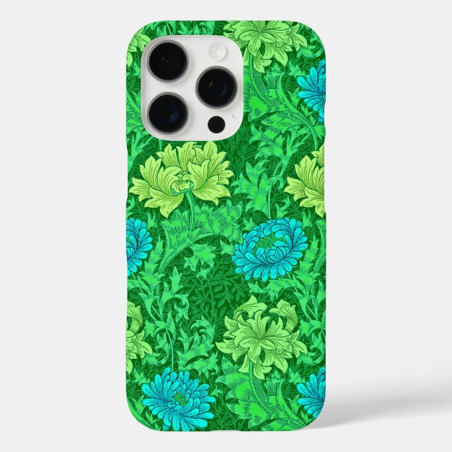 Funda iPhone 16 Pro Crisantemos William Morris, verde lima y aqua (Reverso )