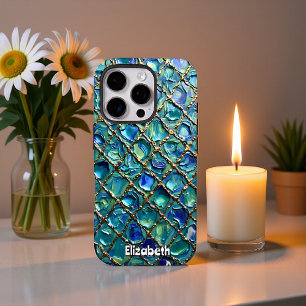 Funda iPhone 16 Pro Cuadrícula dorada sobre fondo azul