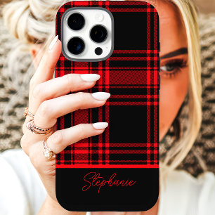 Funda iPhone 16 Pro Cuadro Escocés Rojo y Negro con Nombre Personaliza
