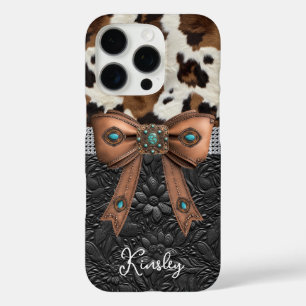 Funda iPhone 16 Pro Cuero de vaca Cuero negro con lazo enjoyado