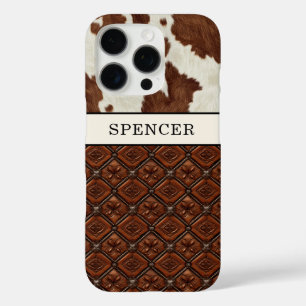 Funda iPhone 16 Pro Cuero de vaca marrón y cuero monogramado