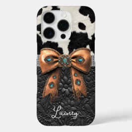 Funda iPhone 16 Pro Cuero de vaca negro y blanco con lazo con joyas