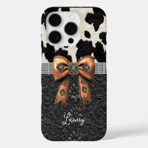 Funda iPhone 16 Pro Cuero de vaca negro y blanco con lazo con joyas