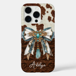 Funda iPhone 16 Pro Cuero Marrón de Vaca Cuero con Lazo con Joyas